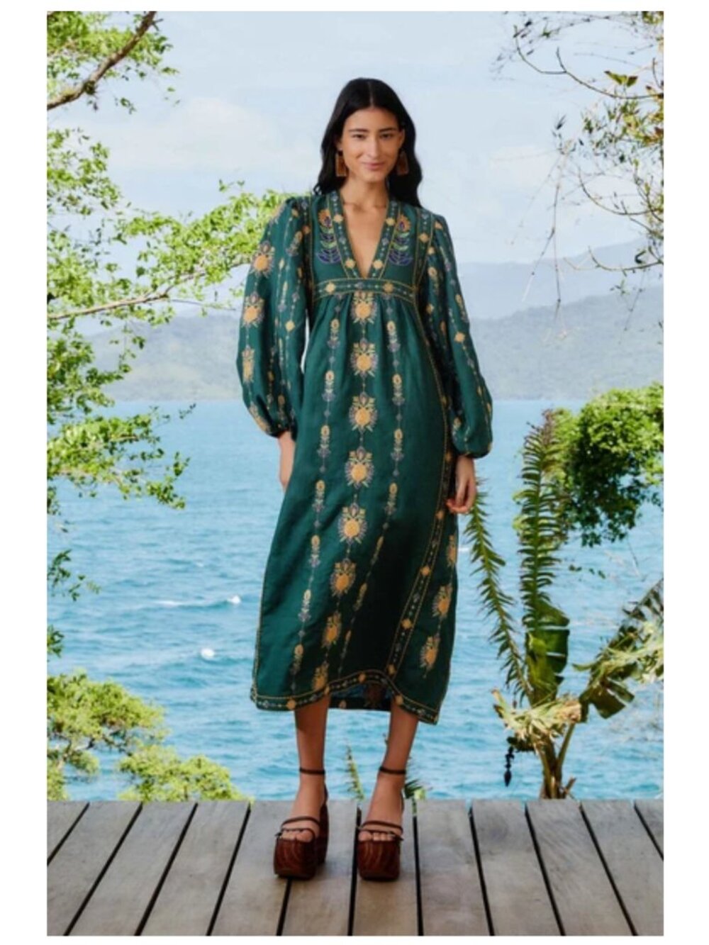 FARM RIO Linen Green Pineapple Embroidered Tunic Maxi Dress Size XS - Picture 11 of 11